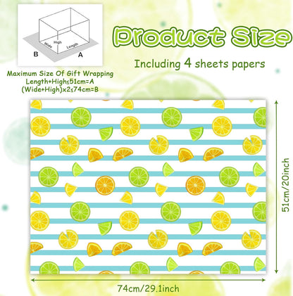Lots of Yellow and Green Summer Fresh Juicy Lemons Fruits On Blue and White Strip Gift Wrapping Paper - Vibrant Bold Pre cut & Folded Flat Flat Design Sheets For Holiday, 4-Sheets, 1-Designs: 15 sq. ft. ttl