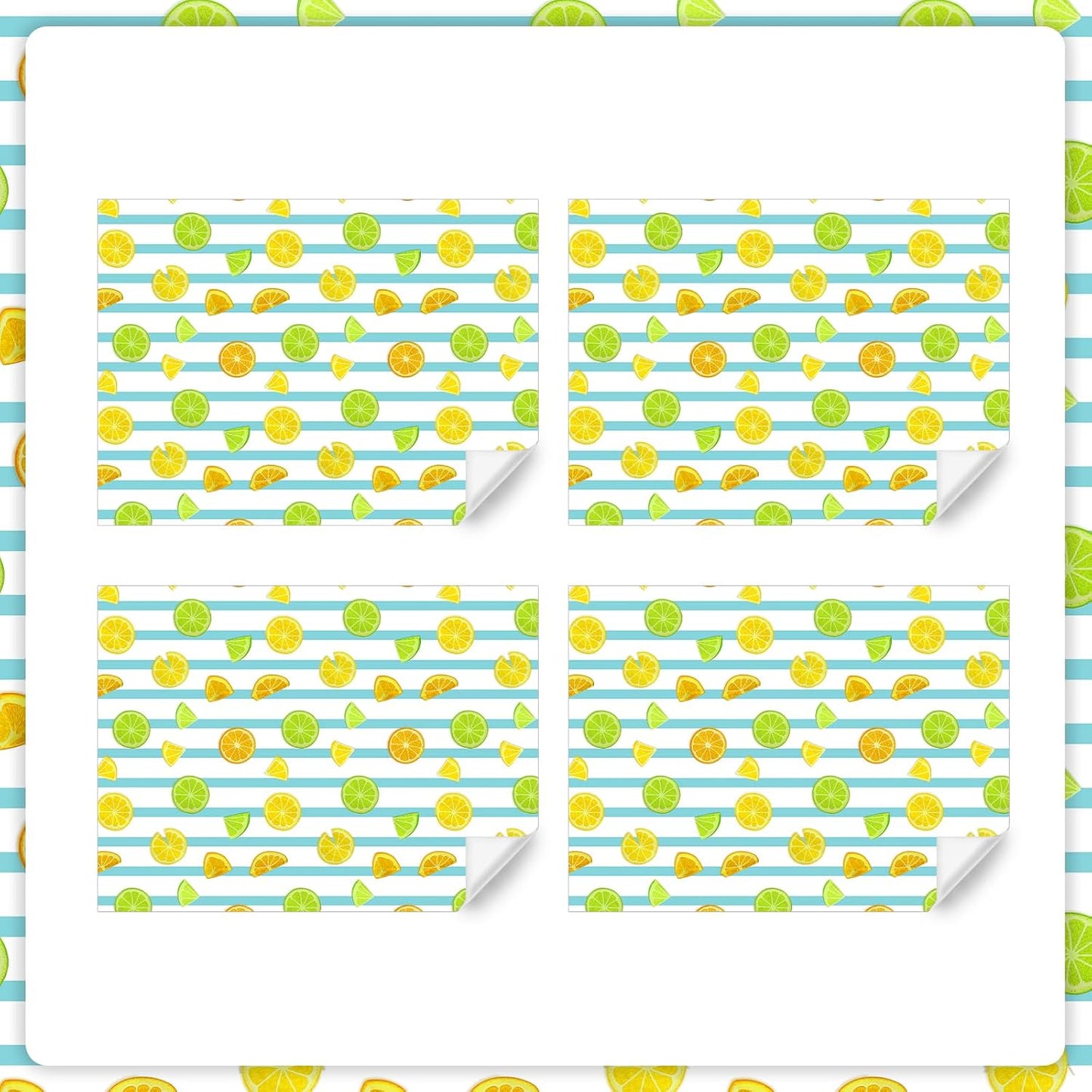 Lots of Yellow and Green Summer Fresh Juicy Lemons Fruits On Blue and White Strip Gift Wrapping Paper - Vibrant Bold Pre cut & Folded Flat Flat Design Sheets For Holiday, 4-Sheets, 1-Designs: 15 sq. ft. ttl