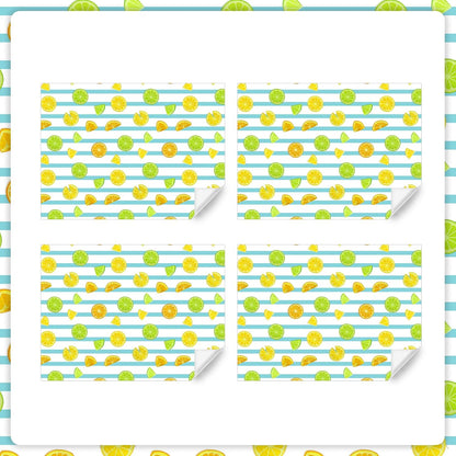 Lots of Yellow and Green Summer Fresh Juicy Lemons Fruits On Blue and White Strip Gift Wrapping Paper - Vibrant Bold Pre cut & Folded Flat Flat Design Sheets For Holiday, 4-Sheets, 1-Designs: 15 sq. ft. ttl