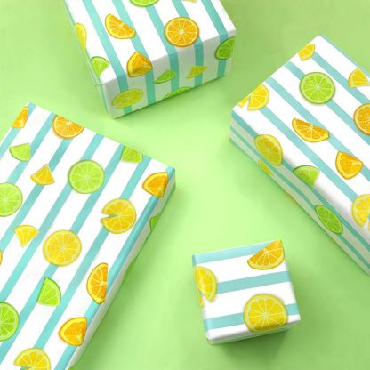 Lots of Yellow and Green Summer Fresh Juicy Lemons Fruits On Blue and White Strip Gift Wrapping Paper - Vibrant Bold Pre cut & Folded Flat Flat Design Sheets For Holiday, 4-Sheets, 1-Designs: 15 sq. ft. ttl