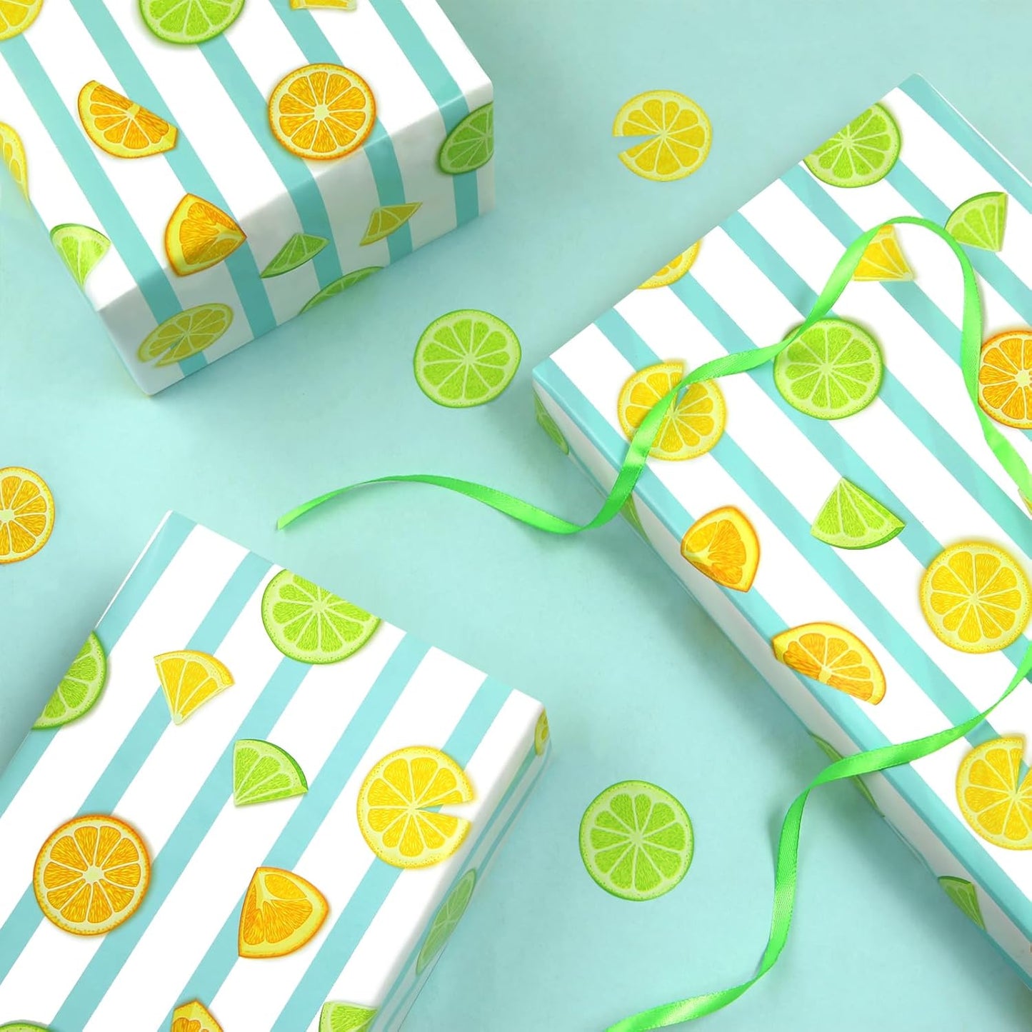 Lots of Yellow and Green Summer Fresh Juicy Lemons Fruits On Blue and White Strip Gift Wrapping Paper - Vibrant Bold Pre cut & Folded Flat Flat Design Sheets For Holiday, 4-Sheets, 1-Designs: 15 sq. ft. ttl