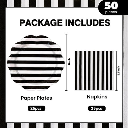 50PCS Yellow Striped Paper Plates and Napkins Party Supplies, Yellow and White Scalloped Party Plates and Napkins Tableware Set for Birthday Bridal & Baby Shower Wedding Party Decoration