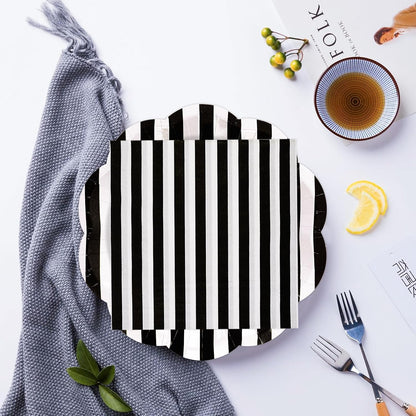 50PCS Yellow Striped Paper Plates and Napkins Party Supplies, Yellow and White Scalloped Party Plates and Napkins Tableware Set for Birthday Bridal & Baby Shower Wedding Party Decoration