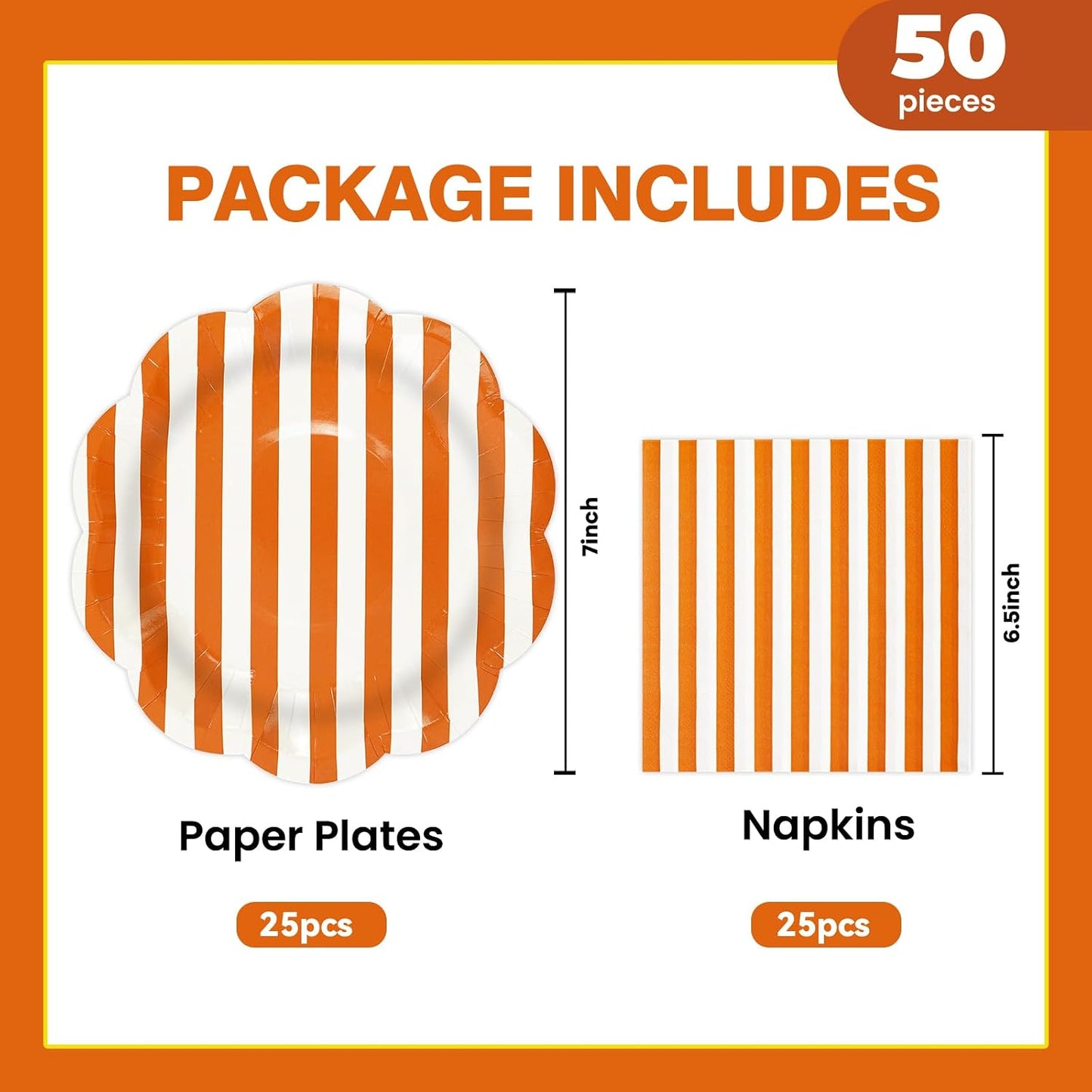 50PCS Yellow Striped Paper Plates and Napkins Party Supplies, Yellow and White Scalloped Party Plates and Napkins Tableware Set for Birthday Bridal & Baby Shower Wedding Party Decoration