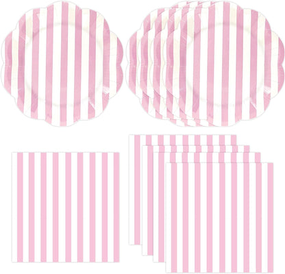 50PCS Yellow Striped Paper Plates and Napkins Party Supplies, Yellow and White Scalloped Party Plates and Napkins Tableware Set for Birthday Bridal & Baby Shower Wedding Party Decoration
