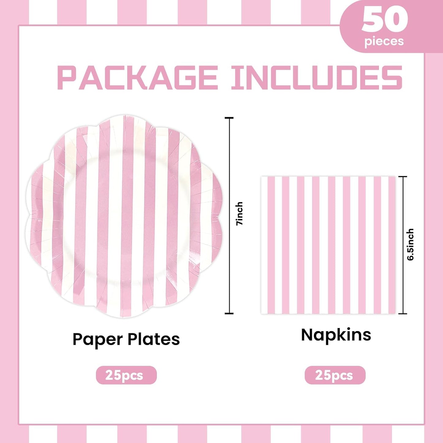 50PCS Yellow Striped Paper Plates and Napkins Party Supplies, Yellow and White Scalloped Party Plates and Napkins Tableware Set for Birthday Bridal & Baby Shower Wedding Party Decoration