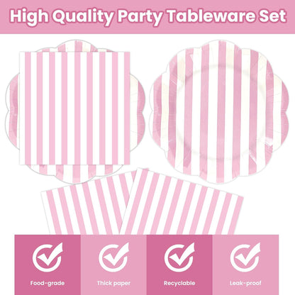 50PCS Yellow Striped Paper Plates and Napkins Party Supplies, Yellow and White Scalloped Party Plates and Napkins Tableware Set for Birthday Bridal & Baby Shower Wedding Party Decoration