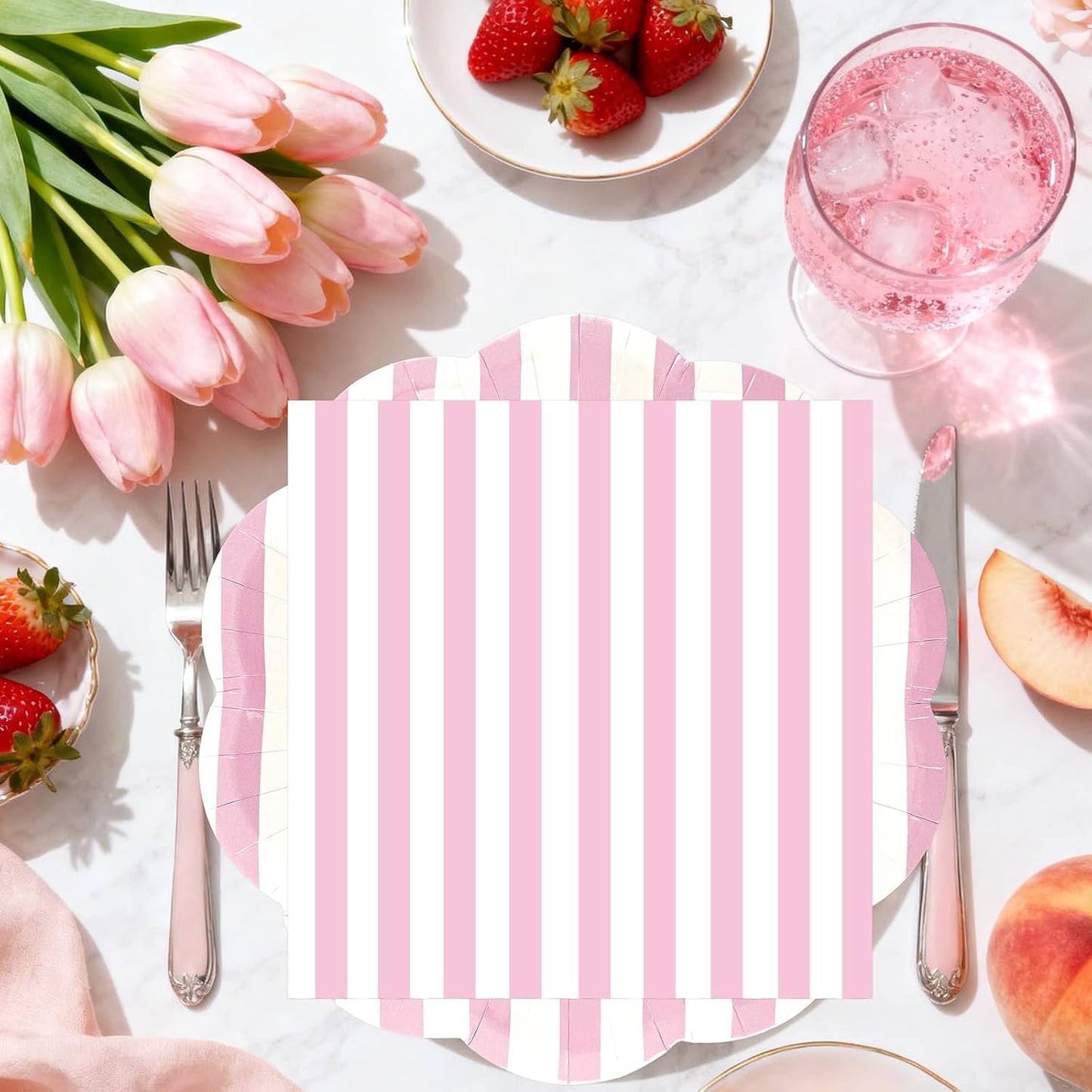 50PCS Yellow Striped Paper Plates and Napkins Party Supplies, Yellow and White Scalloped Party Plates and Napkins Tableware Set for Birthday Bridal & Baby Shower Wedding Party Decoration
