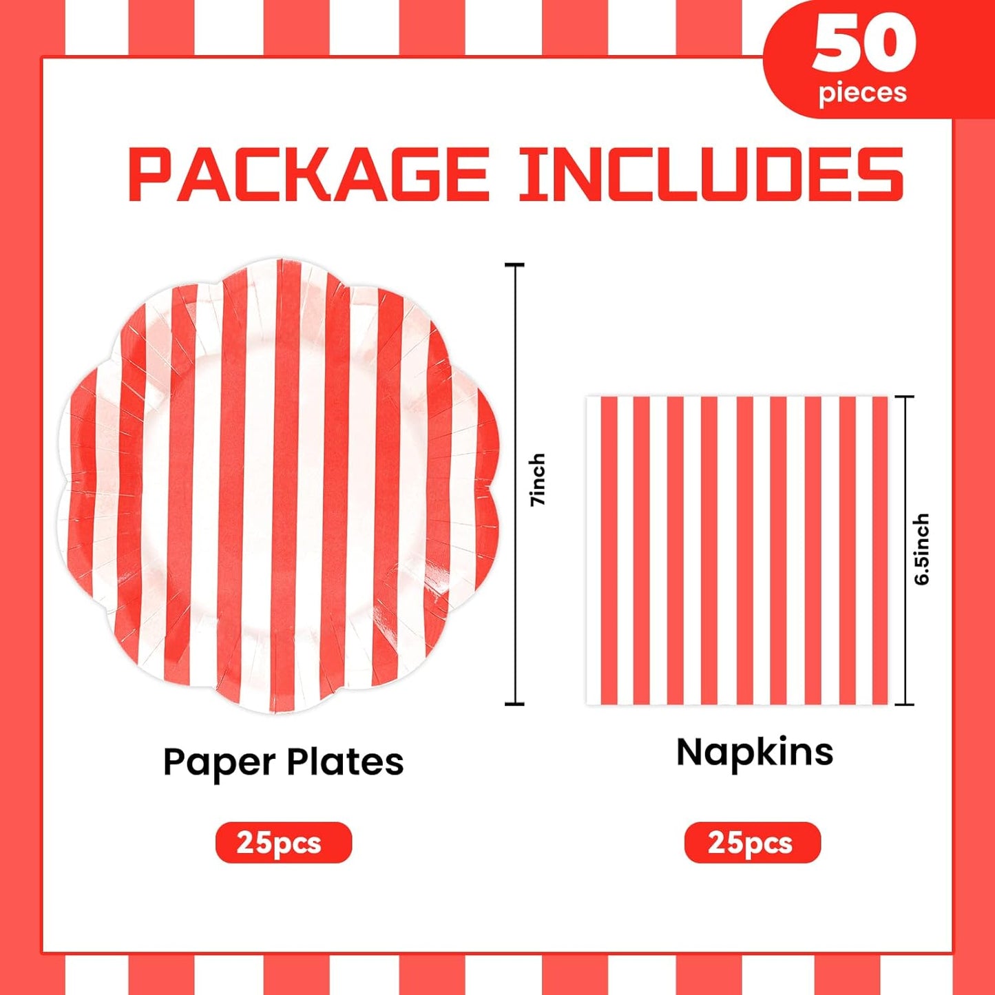 50PCS Yellow Striped Paper Plates and Napkins Party Supplies, Yellow and White Scalloped Party Plates and Napkins Tableware Set for Birthday Bridal & Baby Shower Wedding Party Decoration