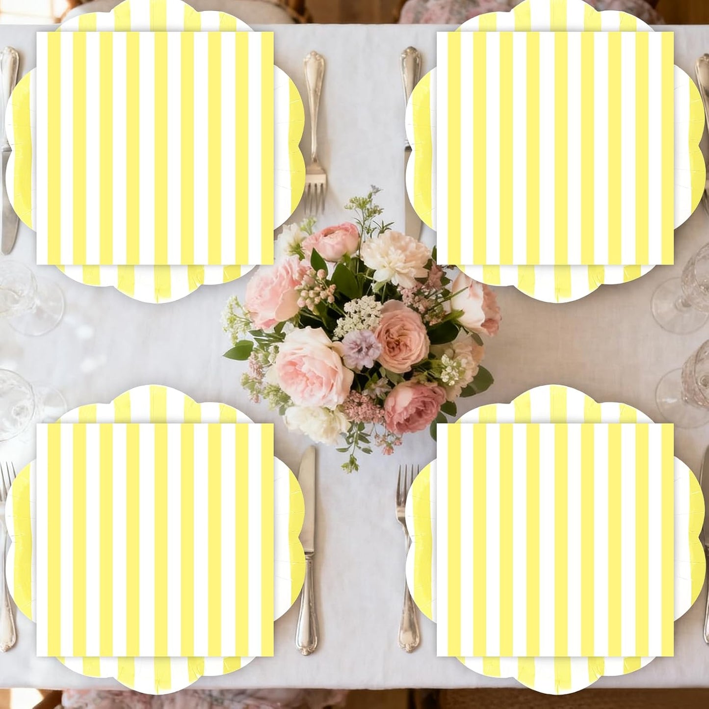 50PCS Yellow Striped Paper Plates and Napkins Party Supplies, Yellow and White Scalloped Party Plates and Napkins Tableware Set for Birthday Bridal & Baby Shower Wedding Party Decoration