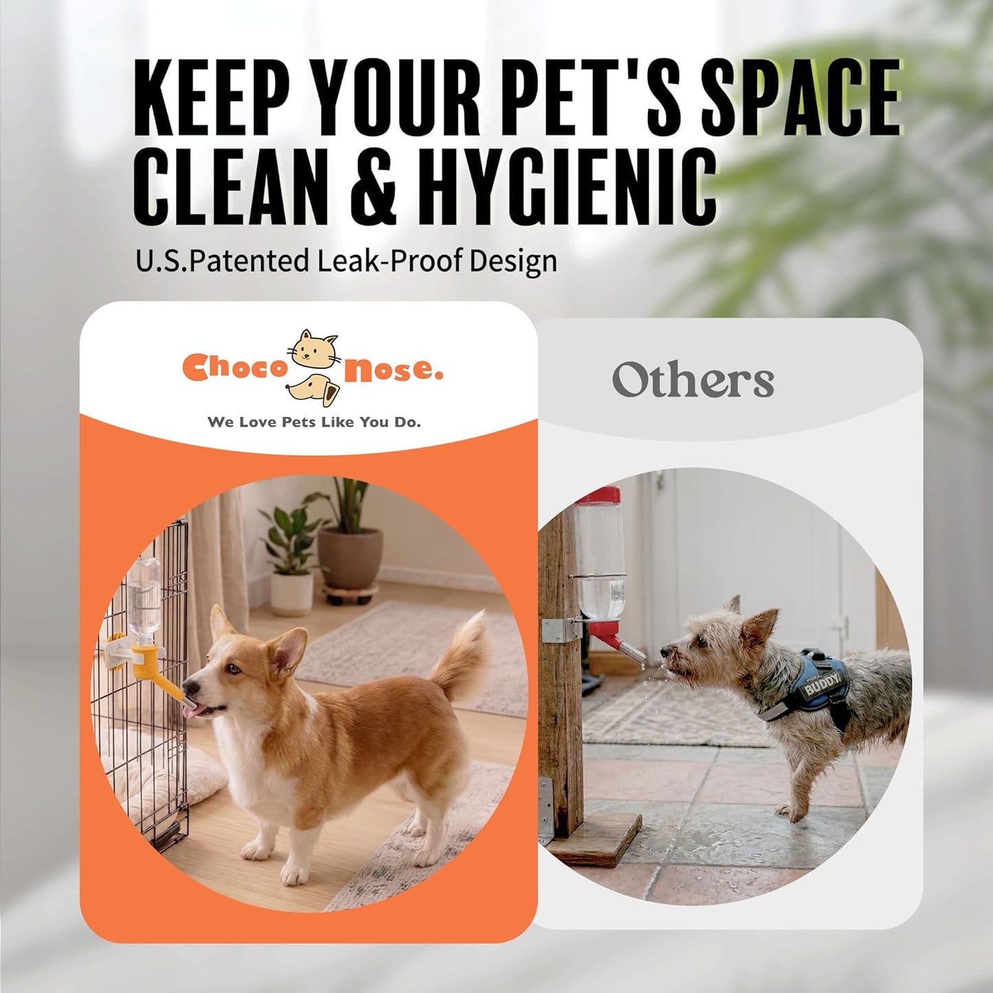 Choco Nose Patented No-Drip Dog Water Bottle/Feeder for Dogs/Cats and Other Small-Medium Sized Animals - for Cages, Crates or Wall Mount. 10.2 Oz. Mess Free Leak-Proof Nozzle 16mm, Orange (C590)