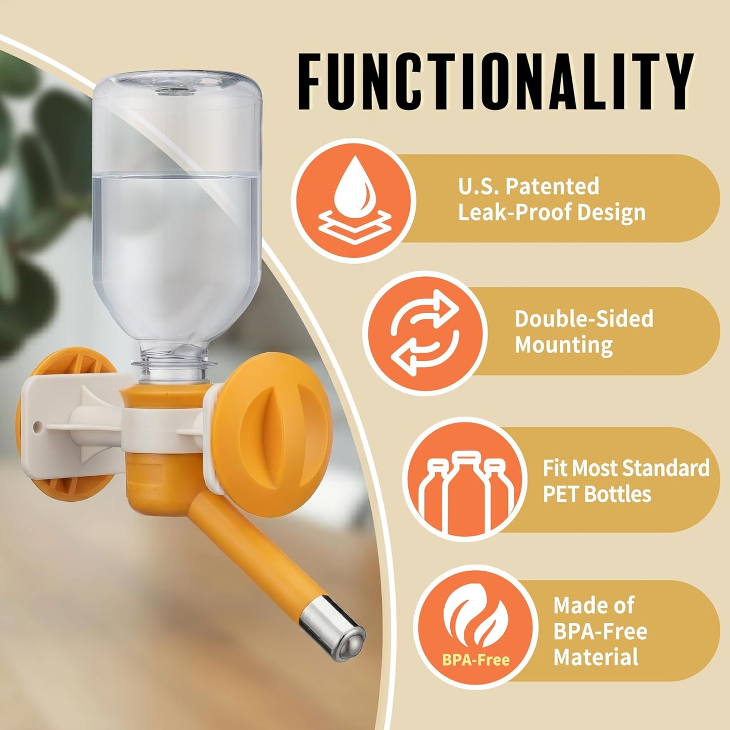 Choco Nose Patented No-Drip Dog Water Bottle/Feeder for Dogs/Cats and Other Small-Medium Sized Animals - for Cages, Crates or Wall Mount. 10.2 Oz. Mess Free Leak-Proof Nozzle 16mm, Orange (C590)