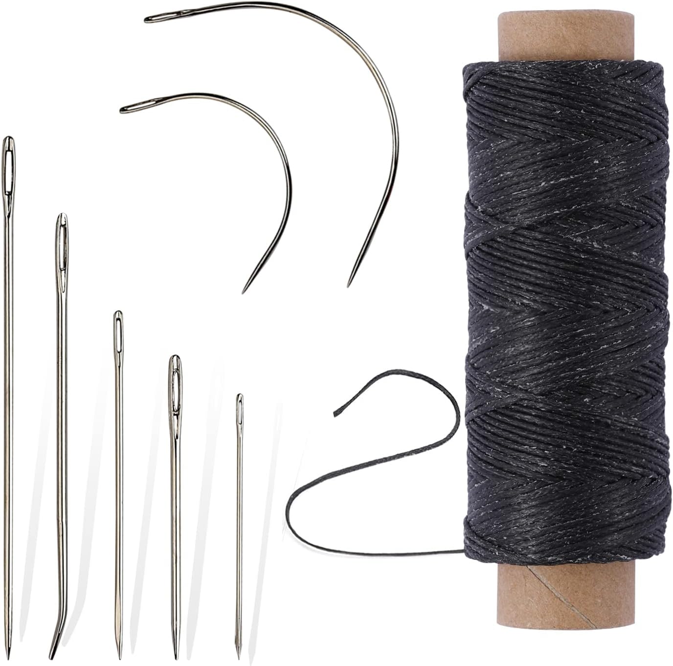 55 Yards Waxed Thread with 7 Leather Needles for Hand Sewing | Polyester 150D Flat Waxed Thread, 5 Straight & 2 Curved Steel Needles, For Leather, Canvas, Bags, Sofa Repair