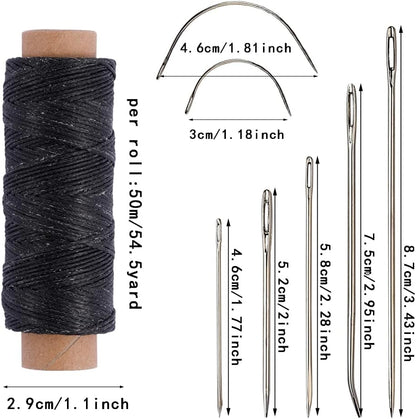 55 Yards Waxed Thread with 7 Leather Needles for Hand Sewing | Polyester 150D Flat Waxed Thread, 5 Straight & 2 Curved Steel Needles, For Leather, Canvas, Bags, Sofa Repair