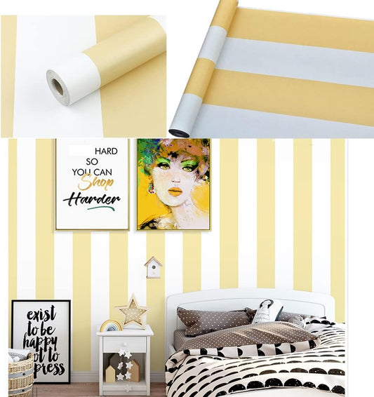 Self Adhesive Vinyl Yellow and White Wide Stripe Peel and Stick Wallpaper Shelf Liner for Walls Nursery Girls Bedroom Cabinets Dresser Drawer Furniture Decal Removable Waterproof 17.7x117 Inches