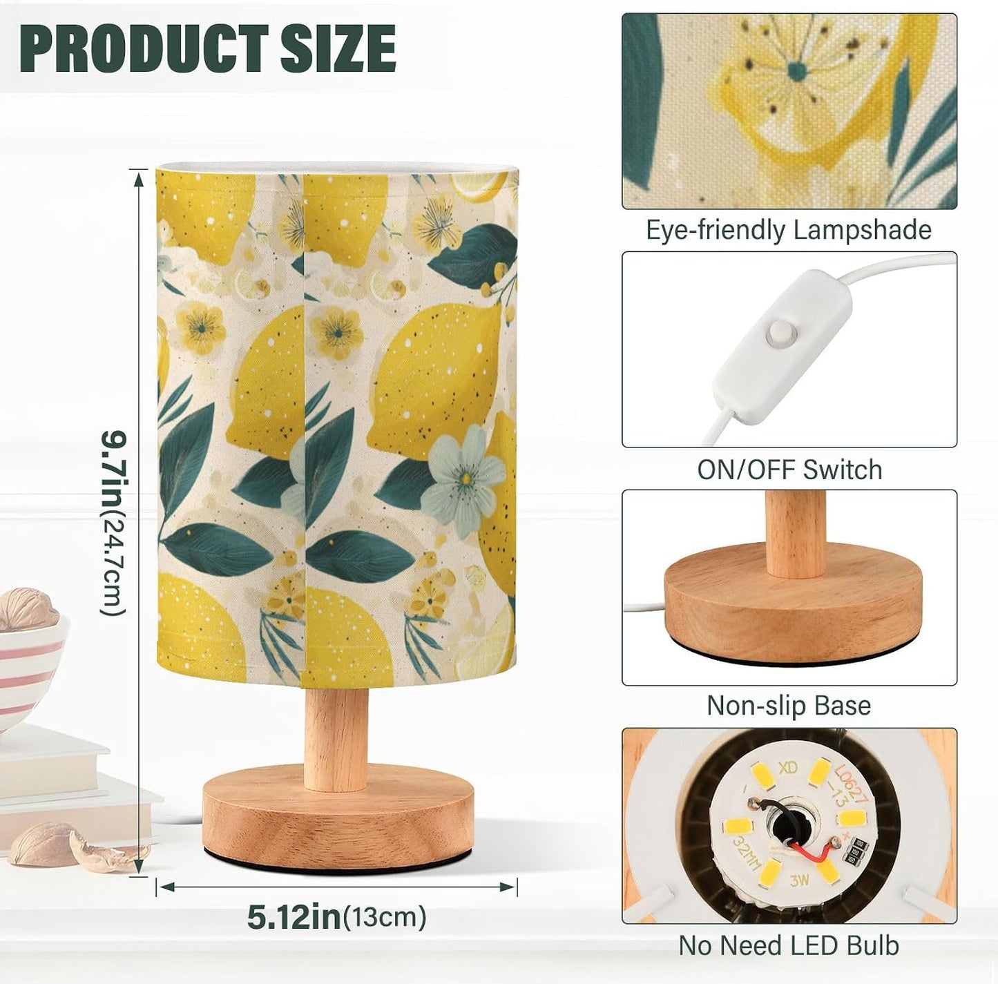 Bedside Table Lamp Lemon Yellow Citrus Fruits (69) Kids Nightstand Lamp Night Light Fabric Shade for Bedroom Living Room Home Office