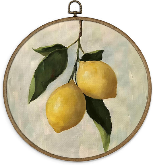 Vintage Lemon Wall Art Framed, Lemon Kitchen Decor, Summer Lemons Round Hanging Wall Decor, Minimalist Lemons Fruit Canvas Prints Art for Kitchen Bathroom Living Room, 10x10 In