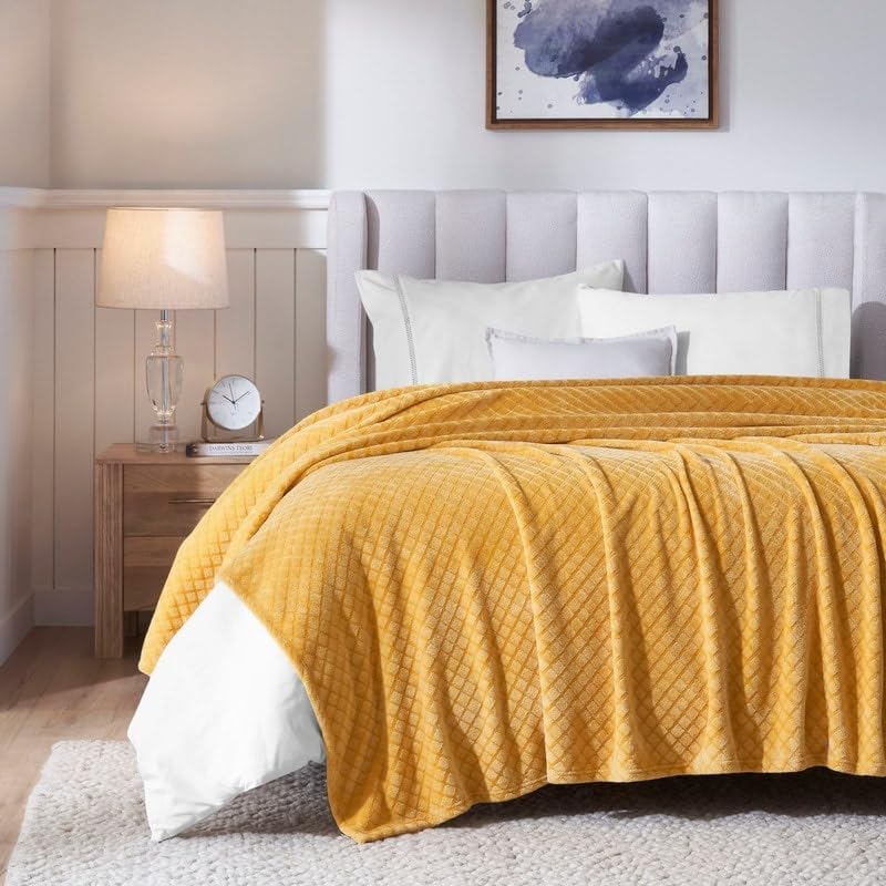 Reversible Plush Solid Sherpa Fleece Queen Throw Blanket Quilted Diamond Pattern Soft Knitted Fabric Velvety Silky Touch | All Seasons Yellow Gold Color Luxury Winter Couch Sofa Cozy
