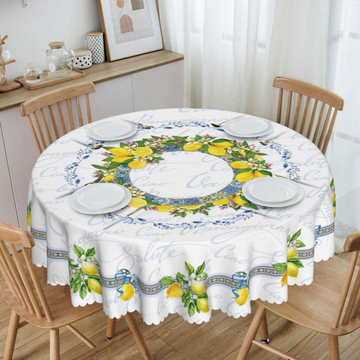 Lemon Tablecloth, Farmhouse Mediterranean Ceramic Tiles Blue Elegant Floral Water Resisitant Wipeable Table Cover for Dining Kitchen Living Room Home Party Holiday Decor 36 inch Round