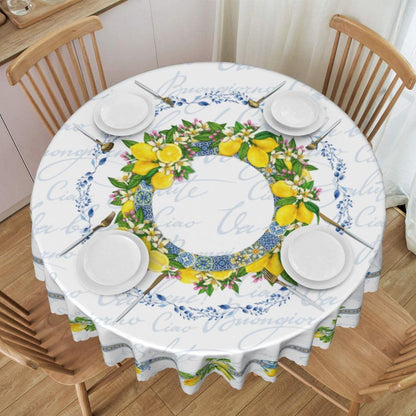 Lemon Tablecloth, Farmhouse Mediterranean Ceramic Tiles Blue Elegant Floral Water Resisitant Wipeable Table Cover for Dining Kitchen Living Room Home Party Holiday Decor 36 inch Round