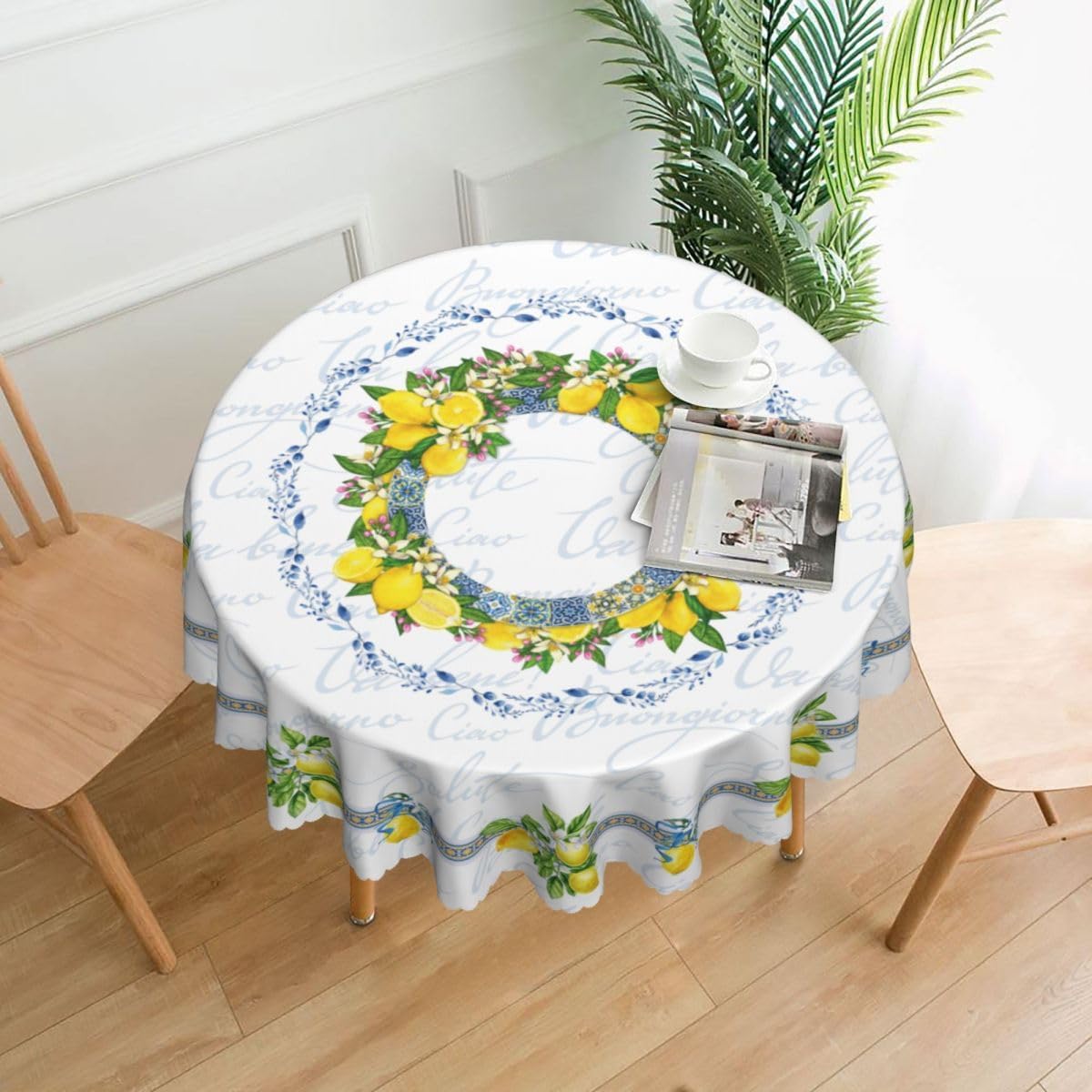 Lemon Tablecloth, Farmhouse Mediterranean Ceramic Tiles Blue Elegant Floral Water Resisitant Wipeable Table Cover for Dining Kitchen Living Room Home Party Holiday Decor 36 inch Round