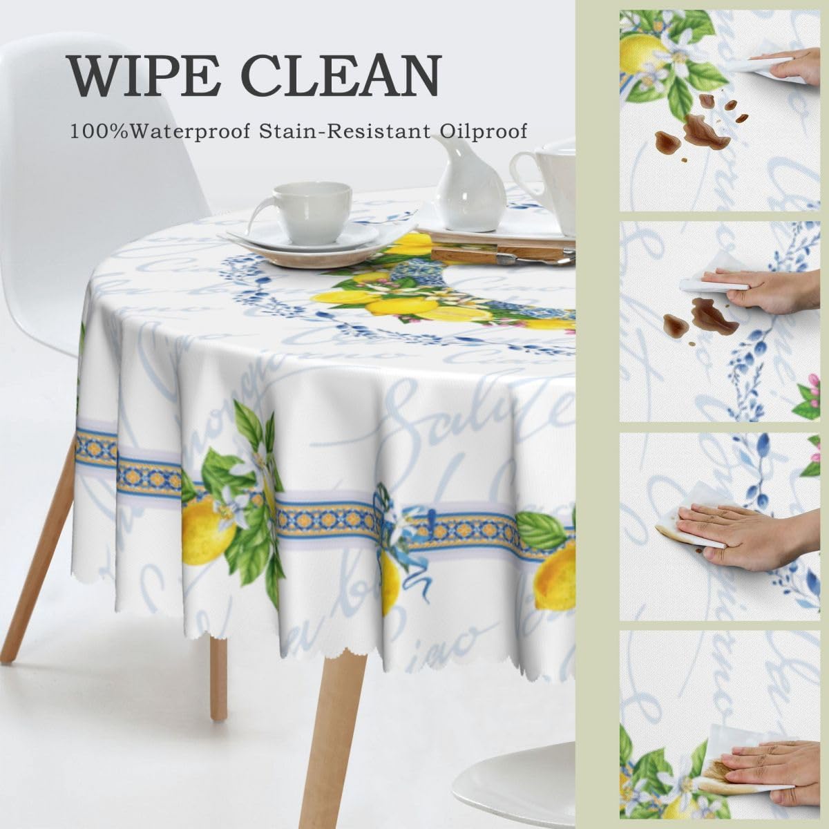 Lemon Tablecloth, Farmhouse Mediterranean Ceramic Tiles Blue Elegant Floral Water Resisitant Wipeable Table Cover for Dining Kitchen Living Room Home Party Holiday Decor 36 inch Round