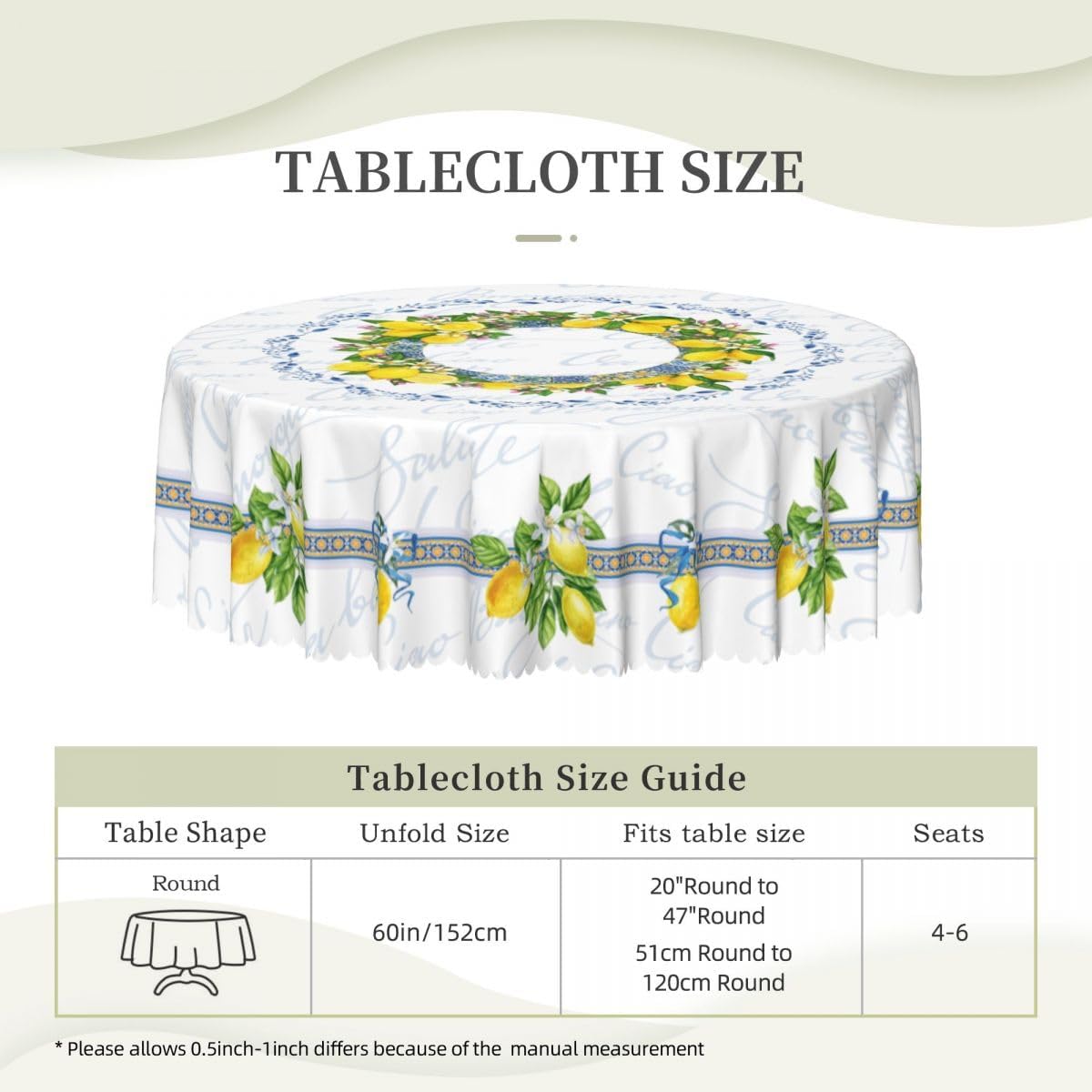 Lemon Tablecloth, Farmhouse Mediterranean Ceramic Tiles Blue Elegant Floral Water Resisitant Wipeable Table Cover for Dining Kitchen Living Room Home Party Holiday Decor 36 inch Round