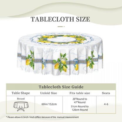 Lemon Tablecloth, Farmhouse Mediterranean Ceramic Tiles Blue Elegant Floral Water Resisitant Wipeable Table Cover for Dining Kitchen Living Room Home Party Holiday Decor 36 inch Round
