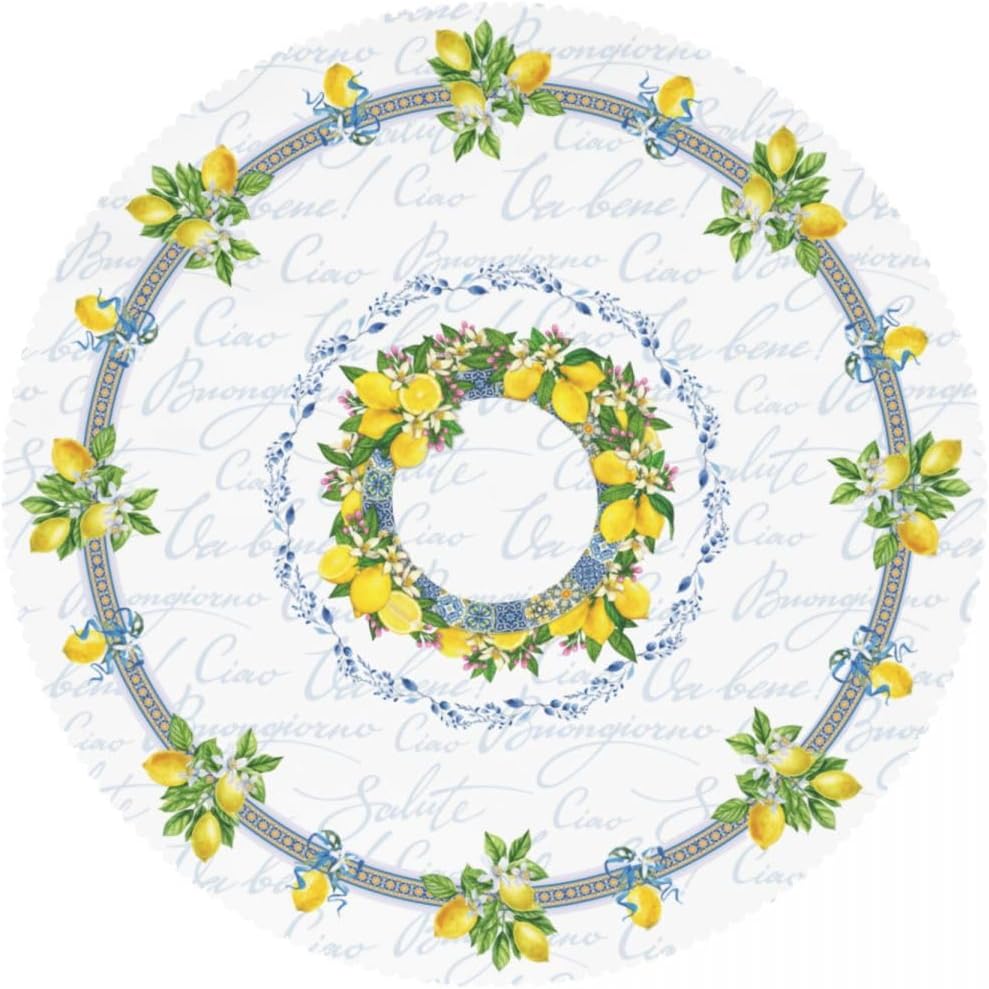 Lemon Tablecloth, Farmhouse Mediterranean Ceramic Tiles Blue Elegant Floral Water Resisitant Wipeable Table Cover for Dining Kitchen Living Room Home Party Holiday Decor 36 inch Round