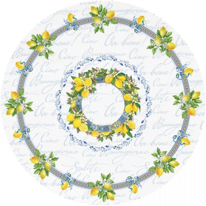 Lemon Tablecloth, Farmhouse Mediterranean Ceramic Tiles Blue Elegant Floral Water Resisitant Wipeable Table Cover for Dining Kitchen Living Room Home Party Holiday Decor 36 inch Round