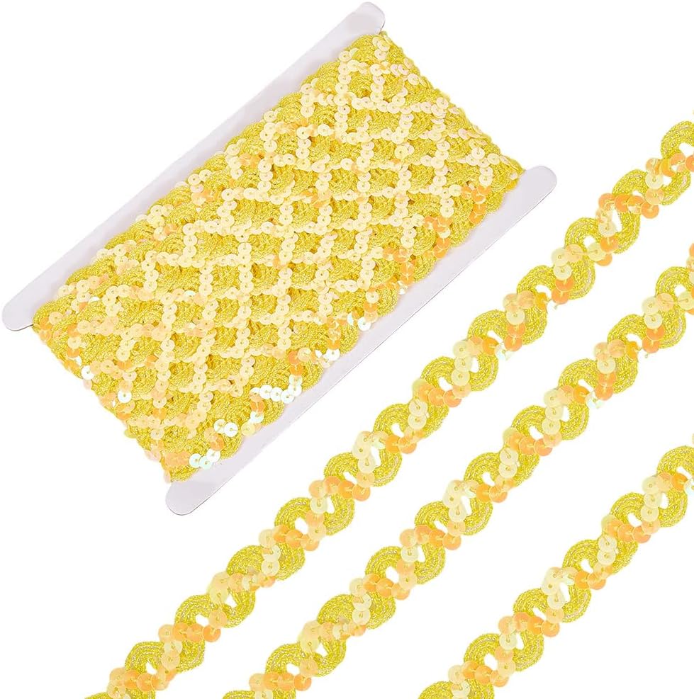 12 Yards Yellow Sequin Trim Sequins Beaded Strip Rick Rack Wave Gimp Woven Trim Metallic Glitter Ric Rac Braid Spangle Paillette Fabric Ribbon for Sewing Making Crafts Home Decor Costume Diy