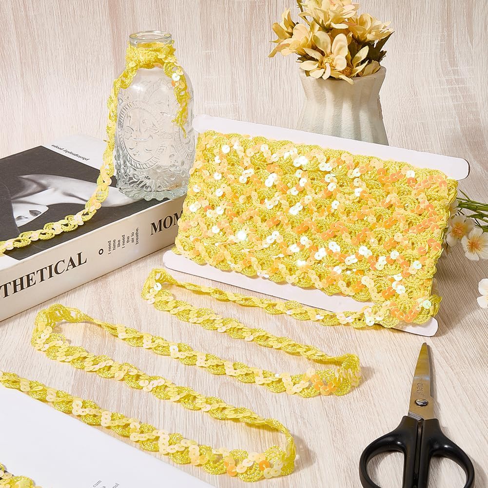 12 Yards Yellow Sequin Trim Sequins Beaded Strip Rick Rack Wave Gimp Woven Trim Metallic Glitter Ric Rac Braid Spangle Paillette Fabric Ribbon for Sewing Making Crafts Home Decor Costume Diy
