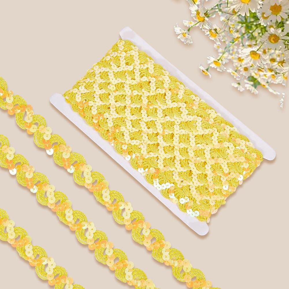 12 Yards Yellow Sequin Trim Sequins Beaded Strip Rick Rack Wave Gimp Woven Trim Metallic Glitter Ric Rac Braid Spangle Paillette Fabric Ribbon for Sewing Making Crafts Home Decor Costume Diy