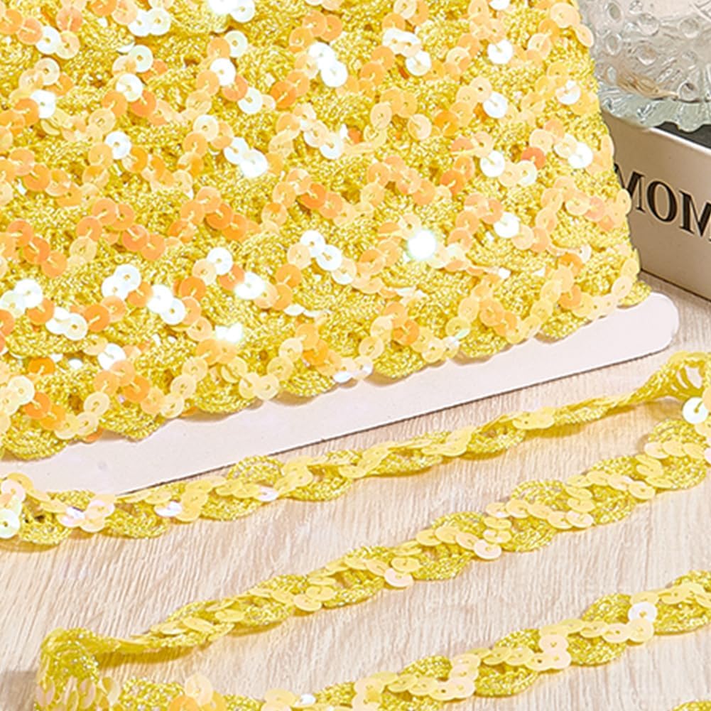 12 Yards Yellow Sequin Trim Sequins Beaded Strip Rick Rack Wave Gimp Woven Trim Metallic Glitter Ric Rac Braid Spangle Paillette Fabric Ribbon for Sewing Making Crafts Home Decor Costume Diy