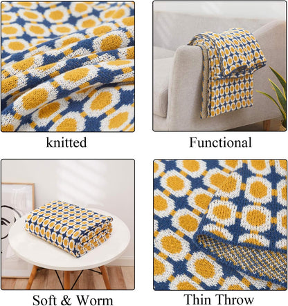 Throw Blanket Ultra Soft Natural Knitted Blanket Home Decor Bedding Blankets Cozy Knit Throw Blanket for Couch Sofa Bed Beach Picnic All Seasons (Yellow & Blue)