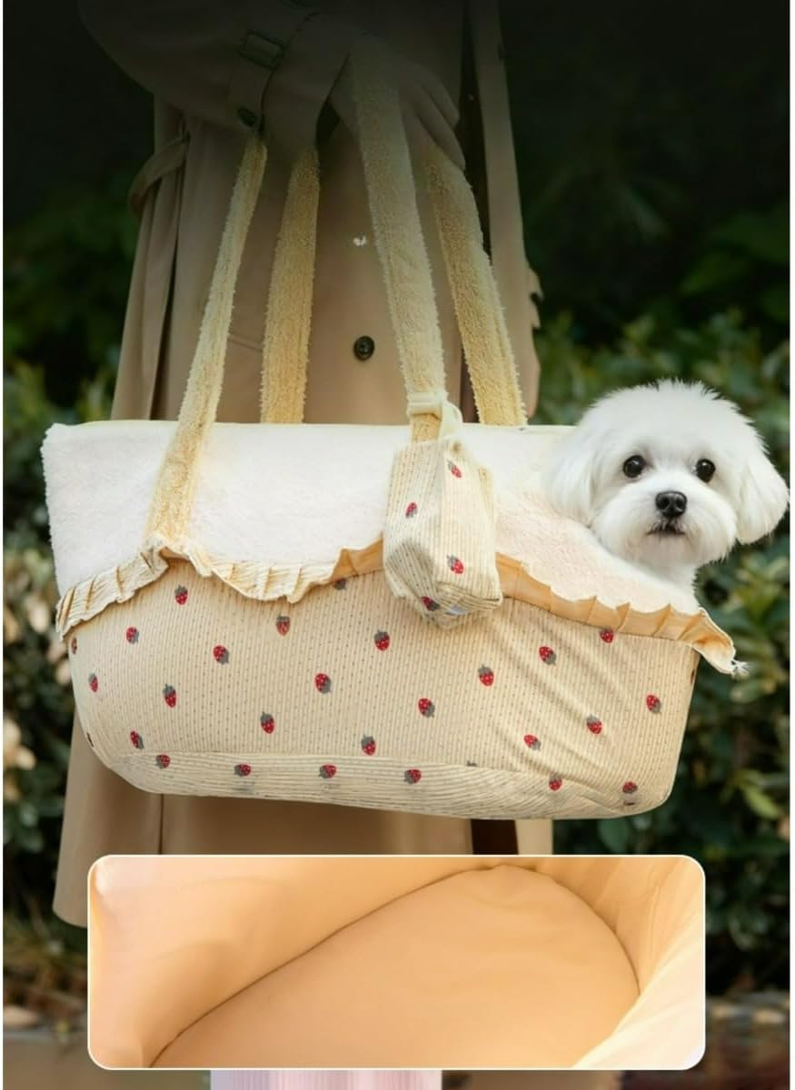 Soft Strawberry Print Portable pet Travel Bag, Cozy cat Bed with Full-Body wrap Design, Suitable for Small Dogs and Cats (Yellow,Within 13.23 lbs)