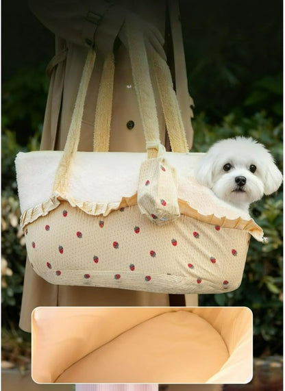 Soft Strawberry Print Portable pet Travel Bag, Cozy cat Bed with Full-Body wrap Design, Suitable for Small Dogs and Cats (Yellow,Within 13.23 lbs)