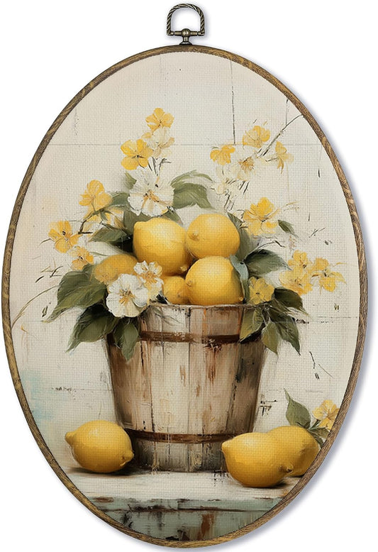 Lemon Oval Wall Art Decor Framed, Farmhouse Cottagecore Cottage Core Canvas Wall Art Prints for Kitchen Dining Room, Vintage Rustic Hanging Room Decor Picture Artwork for Gallery Bedroom 9x12