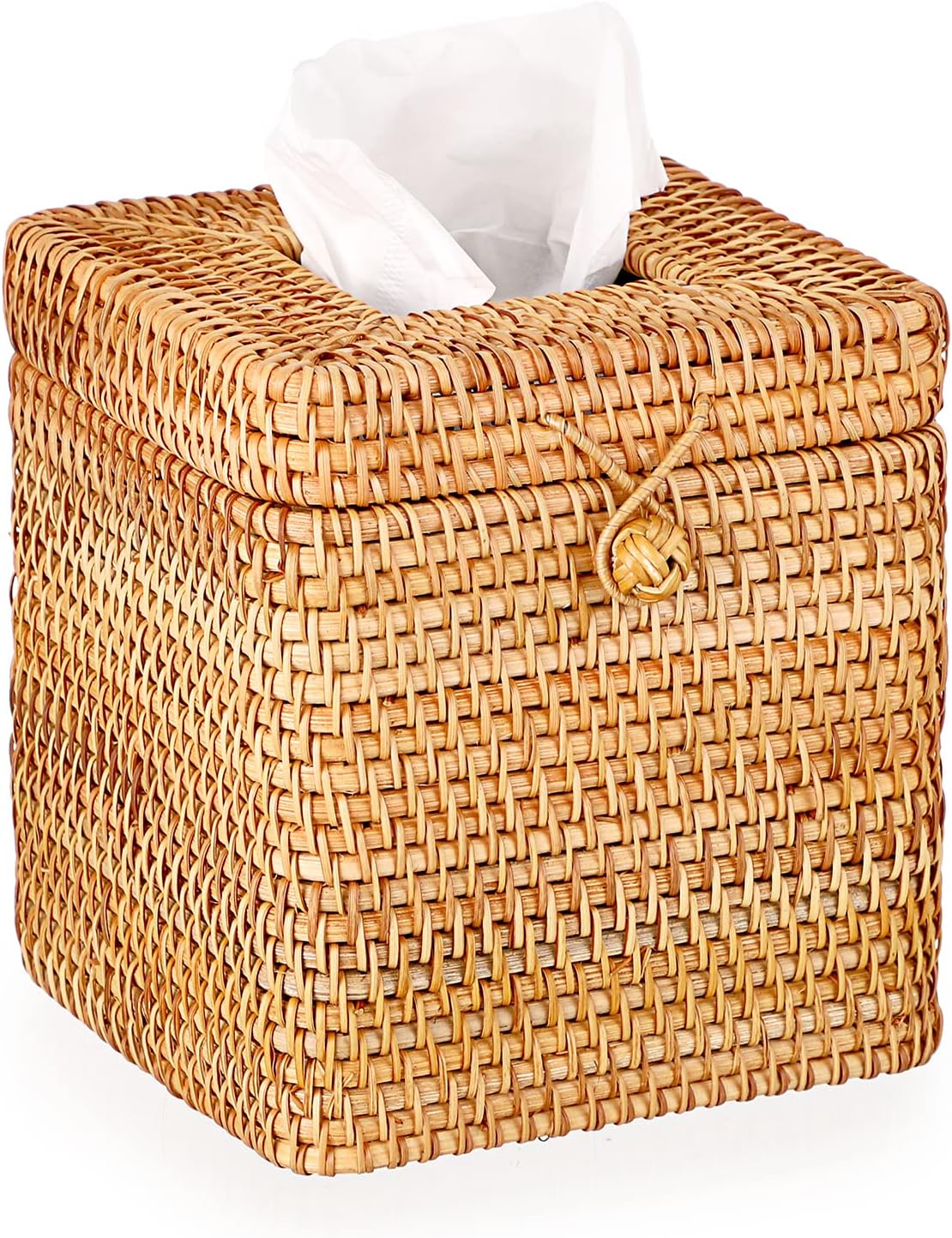 Tissue Box Cover Square Tissue Box Rattan Tissue Box Holder with Hinged Top Lid, Wicker Tissue Holder for Bathroom Toilet Living Room Kitchen Office Table Desk, Yellow