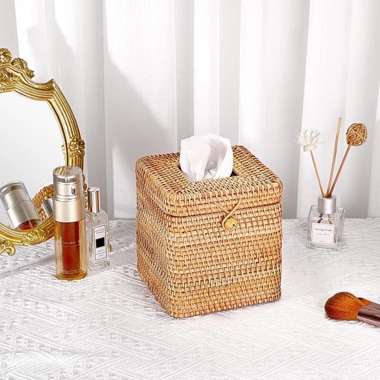 Tissue Box Cover Square Tissue Box Rattan Tissue Box Holder with Hinged Top Lid, Wicker Tissue Holder for Bathroom Toilet Living Room Kitchen Office Table Desk, Yellow