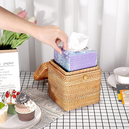 Tissue Box Cover Square Tissue Box Rattan Tissue Box Holder with Hinged Top Lid, Wicker Tissue Holder for Bathroom Toilet Living Room Kitchen Office Table Desk, Yellow