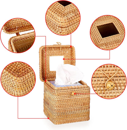 Tissue Box Cover Square Tissue Box Rattan Tissue Box Holder with Hinged Top Lid, Wicker Tissue Holder for Bathroom Toilet Living Room Kitchen Office Table Desk, Yellow