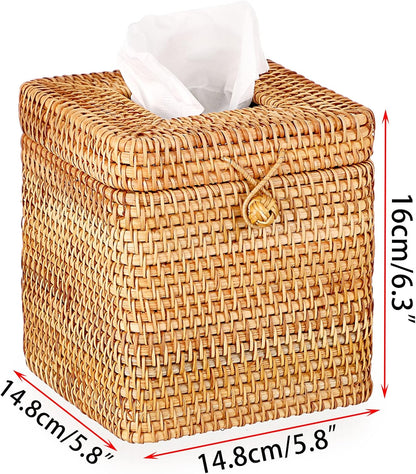 Tissue Box Cover Square Tissue Box Rattan Tissue Box Holder with Hinged Top Lid, Wicker Tissue Holder for Bathroom Toilet Living Room Kitchen Office Table Desk, Yellow
