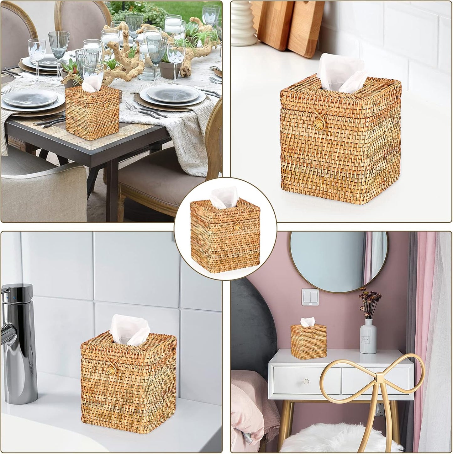 Tissue Box Cover Square Tissue Box Rattan Tissue Box Holder with Hinged Top Lid, Wicker Tissue Holder for Bathroom Toilet Living Room Kitchen Office Table Desk, Yellow