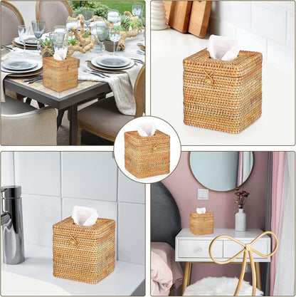 Tissue Box Cover Square Tissue Box Rattan Tissue Box Holder with Hinged Top Lid, Wicker Tissue Holder for Bathroom Toilet Living Room Kitchen Office Table Desk, Yellow