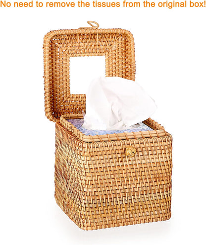 Tissue Box Cover Square Tissue Box Rattan Tissue Box Holder with Hinged Top Lid, Wicker Tissue Holder for Bathroom Toilet Living Room Kitchen Office Table Desk, Yellow