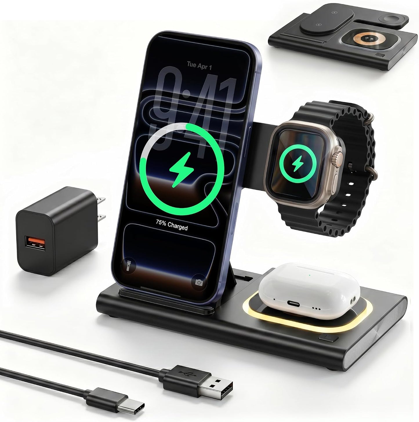 3 in 1 Foldable Wireless Fast Charging Station for Apple Multiple Devices | iPhone Charging Station for iPhone 17, Travel iWatch Charger Stand, Light Nightstand Charging Dock for Apple Watch/Airpods