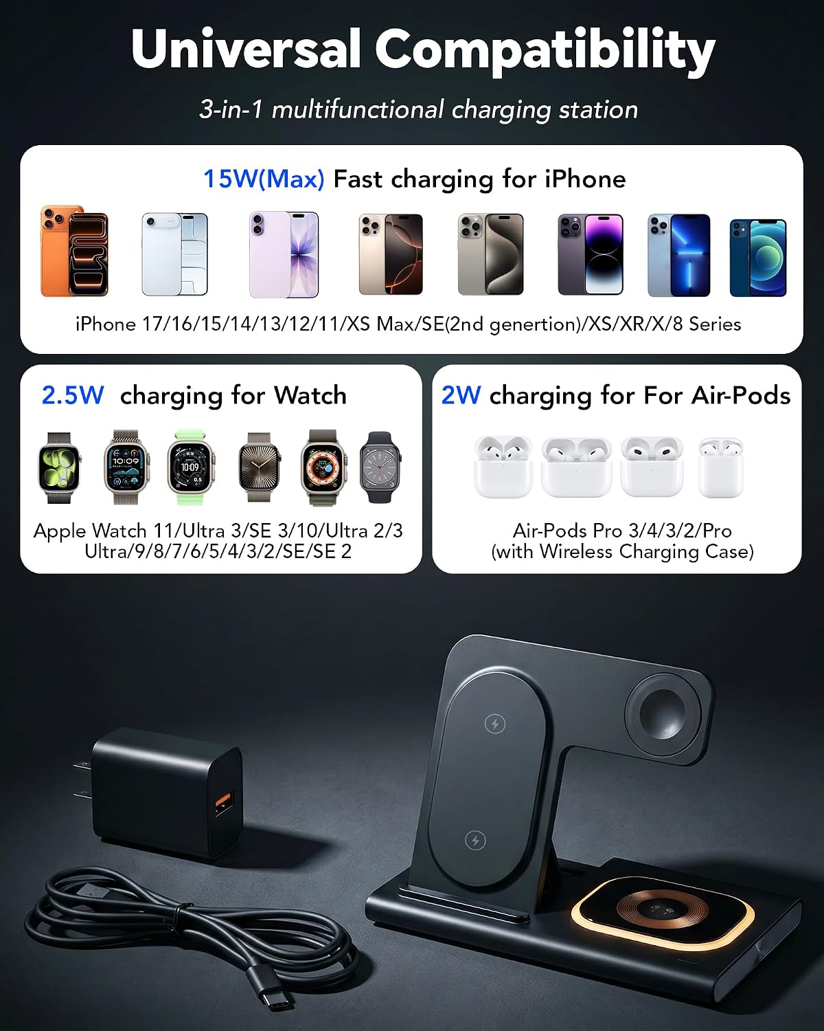 3 in 1 Foldable Wireless Fast Charging Station for Apple Multiple Devices | iPhone Charging Station for iPhone 17, Travel iWatch Charger Stand, Light Nightstand Charging Dock for Apple Watch/Airpods