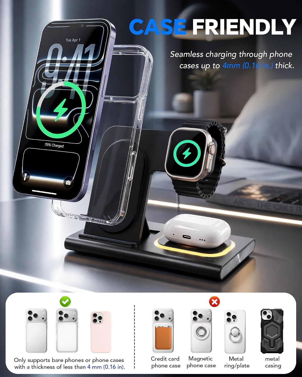 3 in 1 Foldable Wireless Fast Charging Station for Apple Multiple Devices | iPhone Charging Station for iPhone 17, Travel iWatch Charger Stand, Light Nightstand Charging Dock for Apple Watch/Airpods