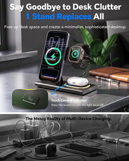 3 in 1 Foldable Wireless Fast Charging Station for Apple Multiple Devices | iPhone Charging Station for iPhone 17, Travel iWatch Charger Stand, Light Nightstand Charging Dock for Apple Watch/Airpods